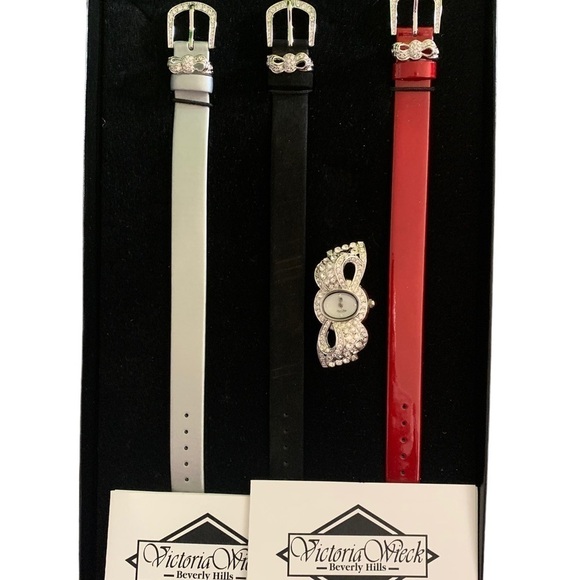 🆕 Victoria Wieck Pave Rhinestone Watch Set Leather Bands - Picture 1 of 5